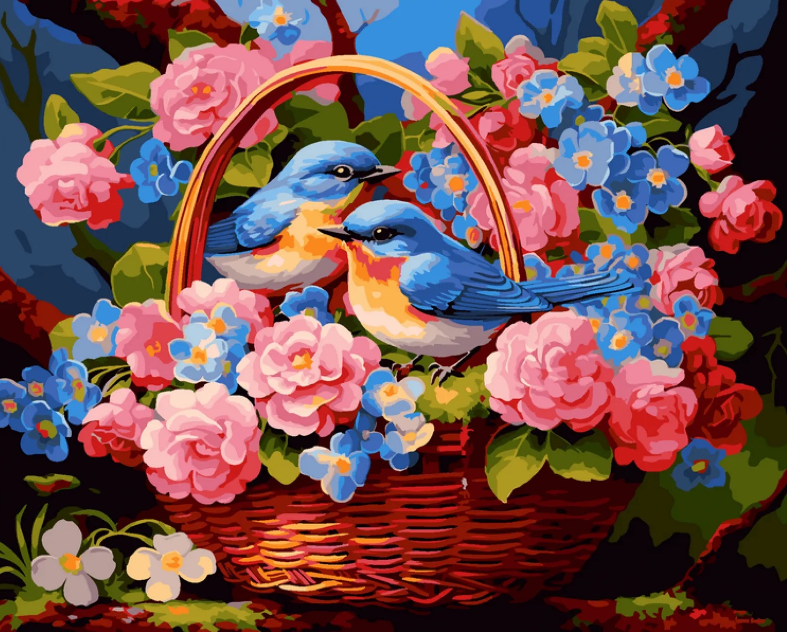 Set de pictat după numere MagicArt - Păsări cântătoare printre flori