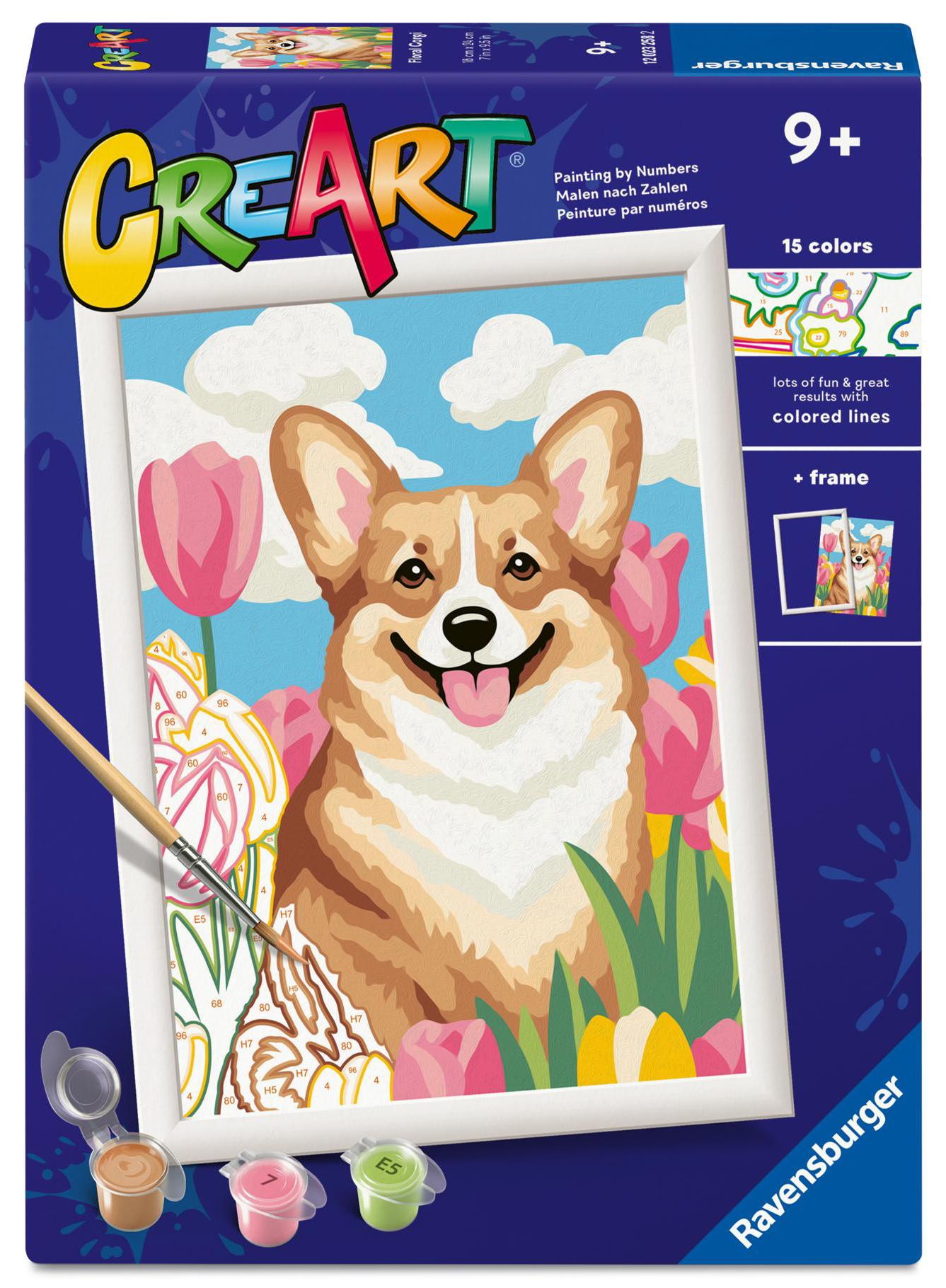 Set de pictură pe numere  Ravensburger CreArt - Corgi în flori