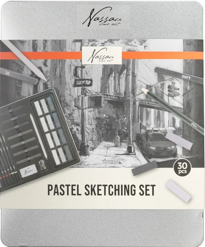 Set pentru schițe cu pastel Nassau - 30 piese, în cutie metalică