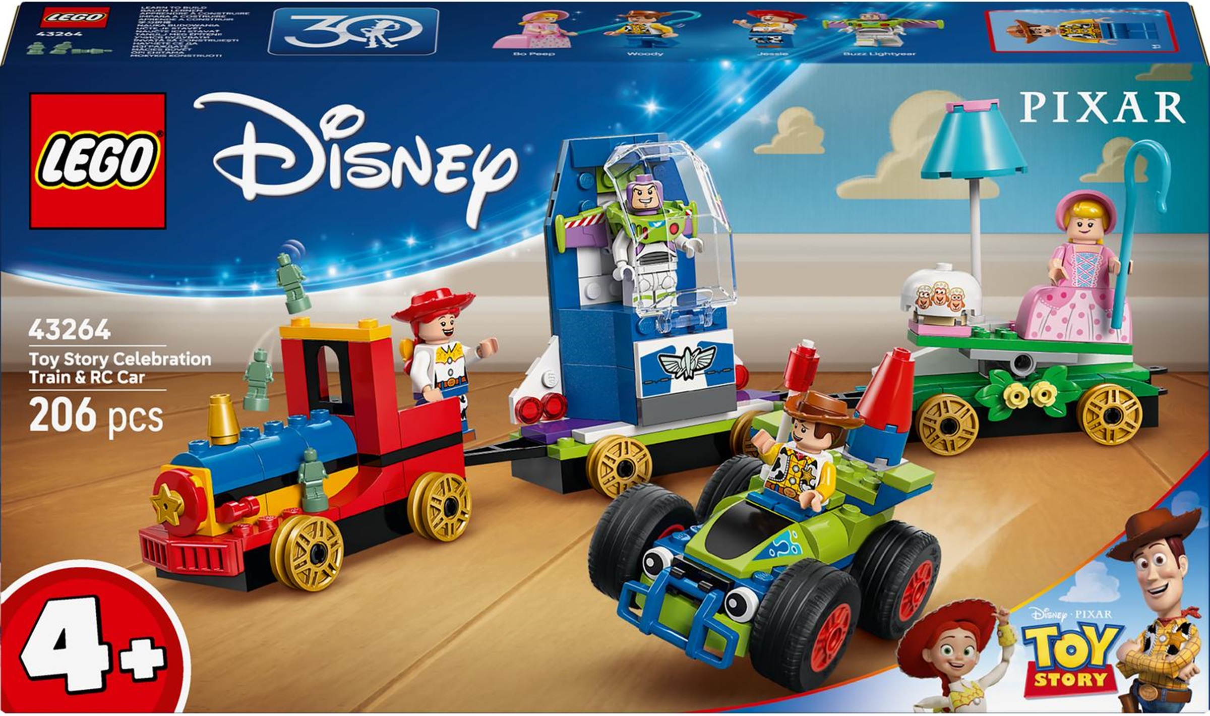 Constructor LEGO Disney - Jocul de jucărie, trenul de vacanță și mașina cu telecomandă (43264)