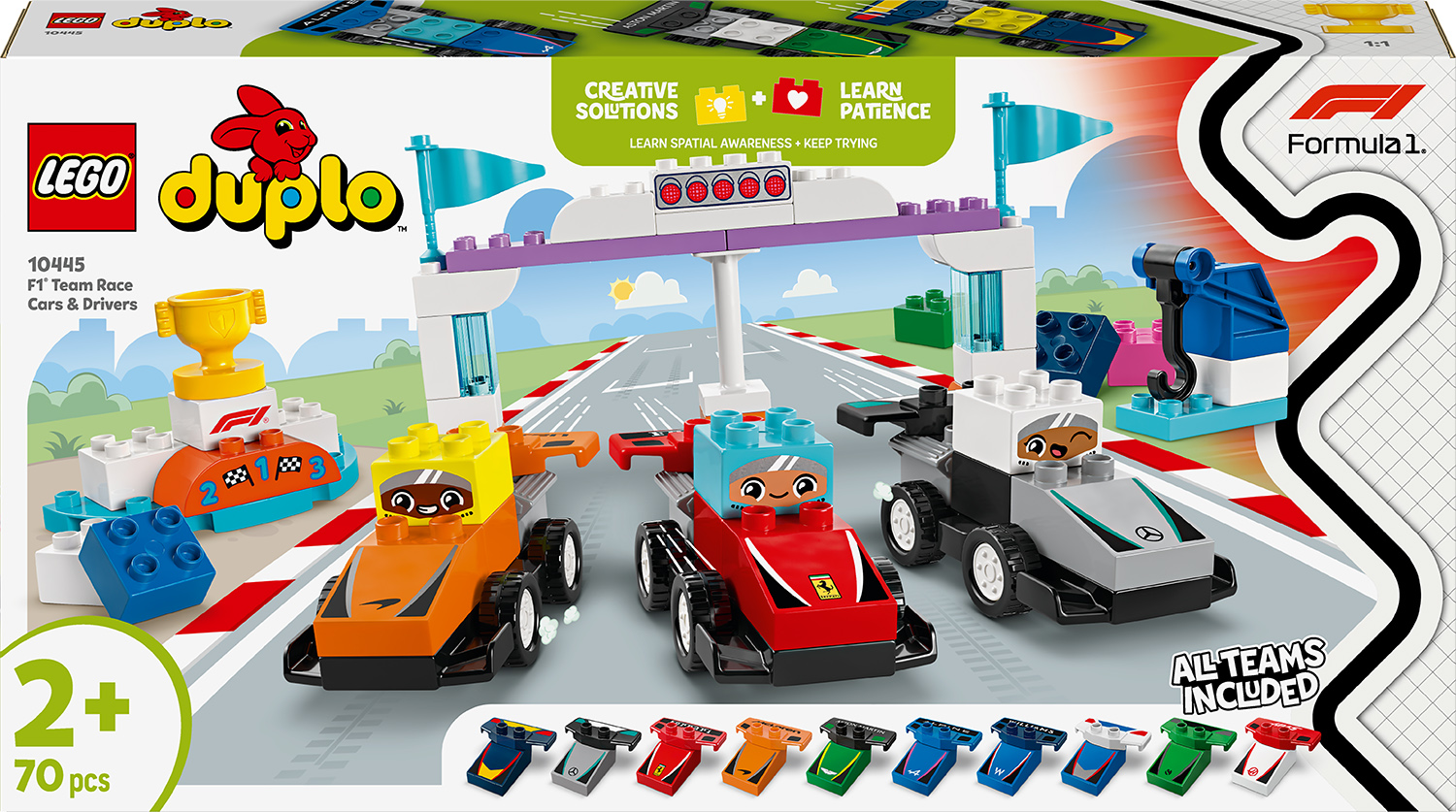 Constructor LEGO Duplo - Echipa de mașini de curse F1 și piloți (10445)