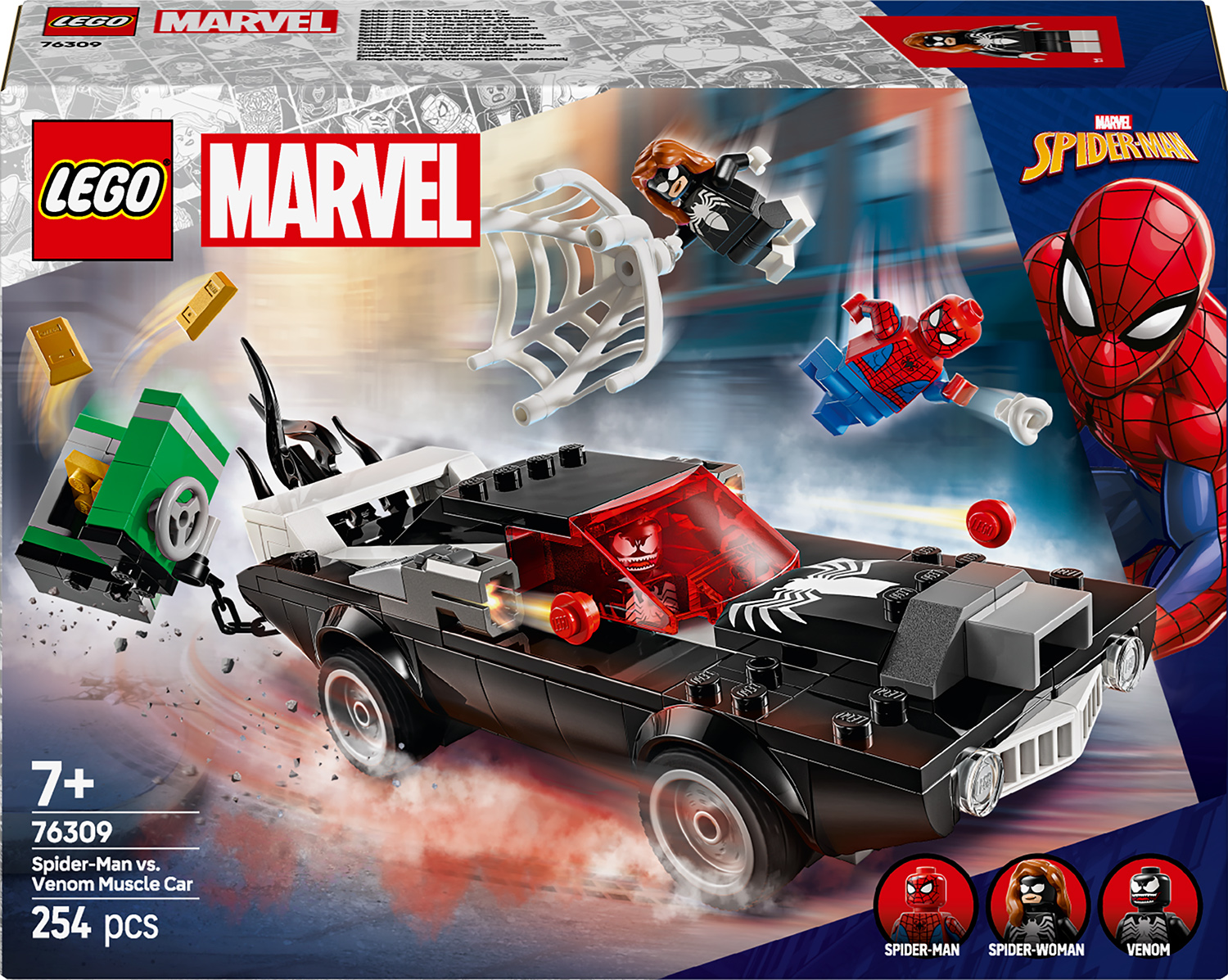 Constructor LEGO Marvel Super Heroes - Spiderman vs. Venom cu o mașină puternică (76309)