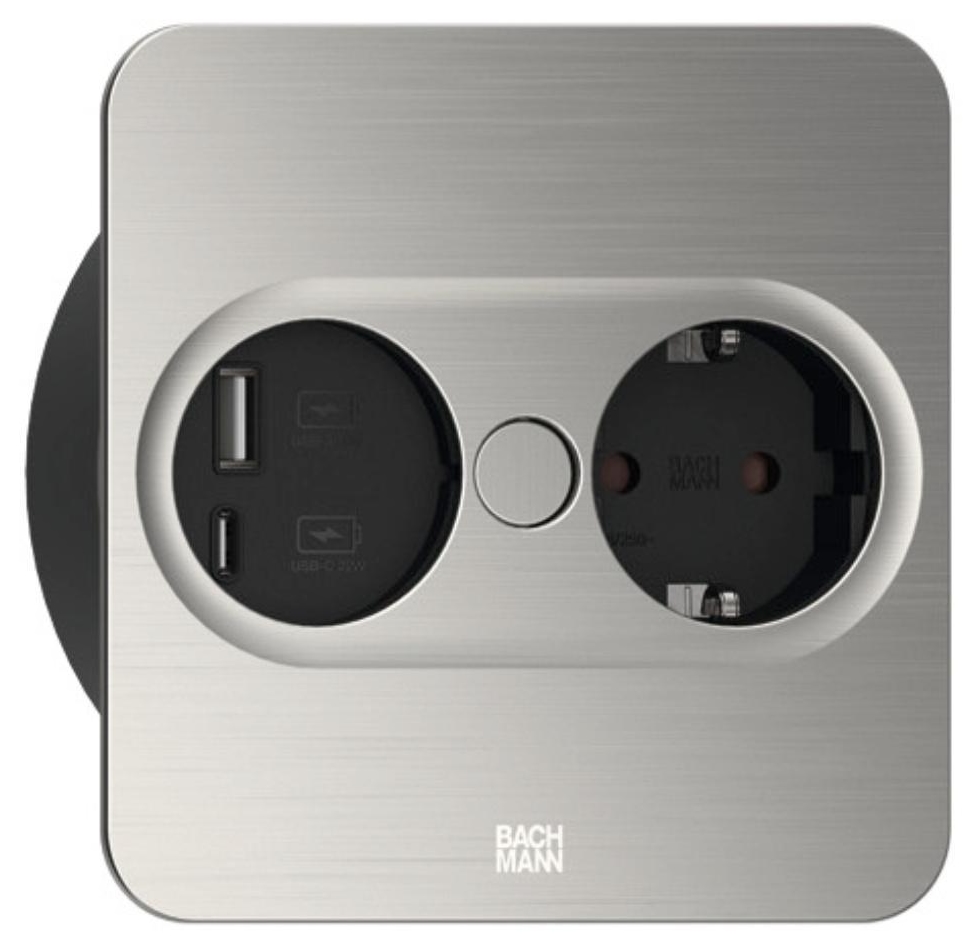 Contact pentru încorporare Bachmann - TWIST, 1x Schuko, USB-A+C, 2 m, pătrat, inox
