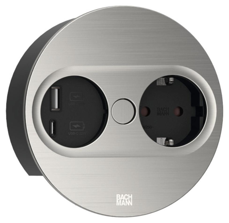 Contact pentru încorporare Bachmann - TWIST 2, 1x Schuko, USB A+C, 2 m, rotund, inox