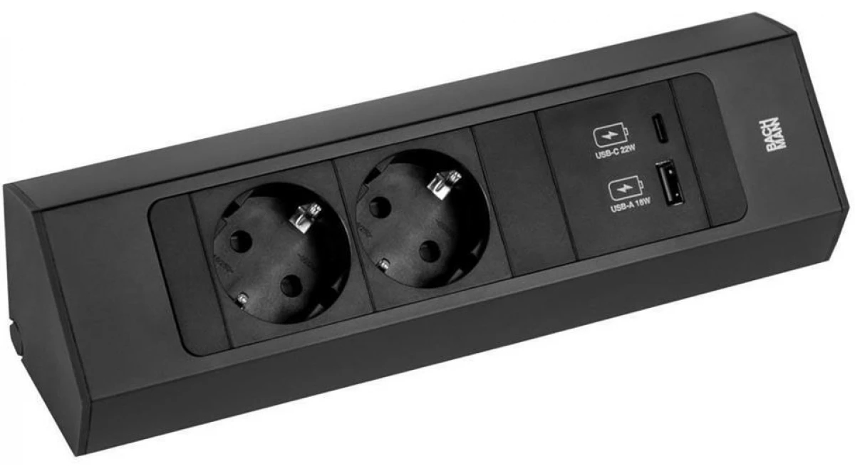 Prelungitor Bachmann - CASIA 2, 2x Schuko, USB A+C, 2 m, negru