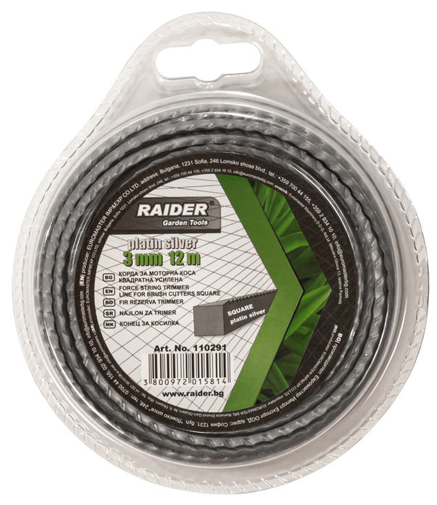 Sfoară pentru cositoare pe motor  Raider - Platin-silver, Pătrată întărită , 3.0 mm х 12 m
