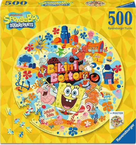 Puzzle rotund Ravensburger din 500 piese - SpongeBob Pantaloni Pătrați