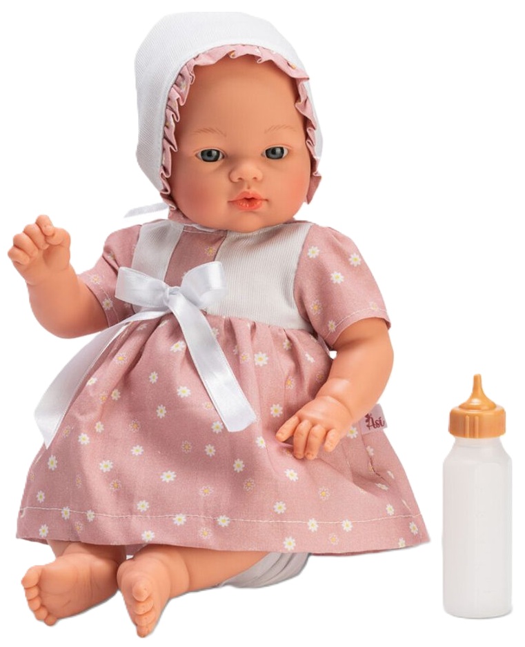 Păpuşă Asi Dolls -Coque pentru bebeluși, cu rochie și căciulă cu buline roz, 36 cm