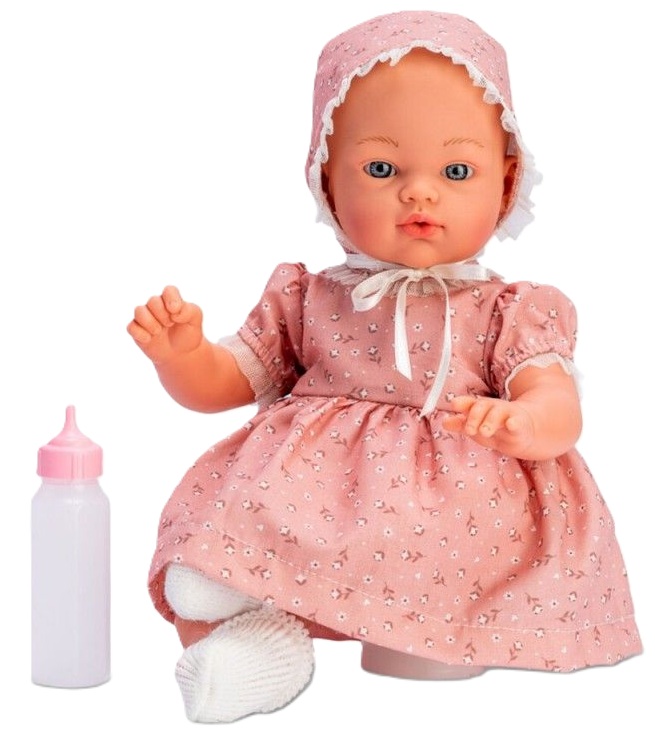Păpuşă Asi Dolls - Coque pentru bebeluși, cu rochie roz cu motive florale și căciulă, 36 cm