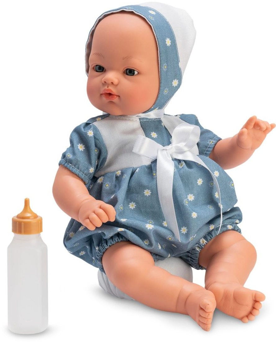 Păpuşă Asi Dolls - Bebeluș Koke, cu salopetă și căciulă cu buline albastre, 36 cm