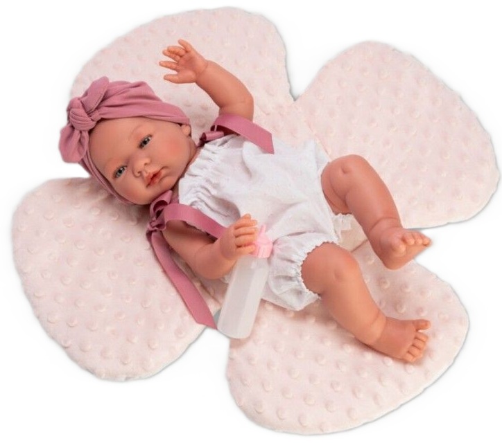 Păpuşă Asi Dolls -Bebelușul Maria, cu salopetă albă și pernă cu flori roz, 43 cm