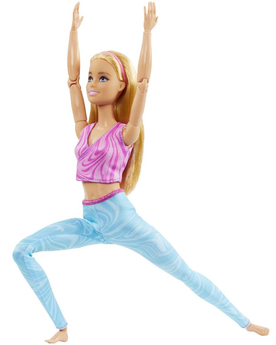 Păpuşă Barbie Made to Move - Cu părul blond, top roz și pantaloni albaștri
