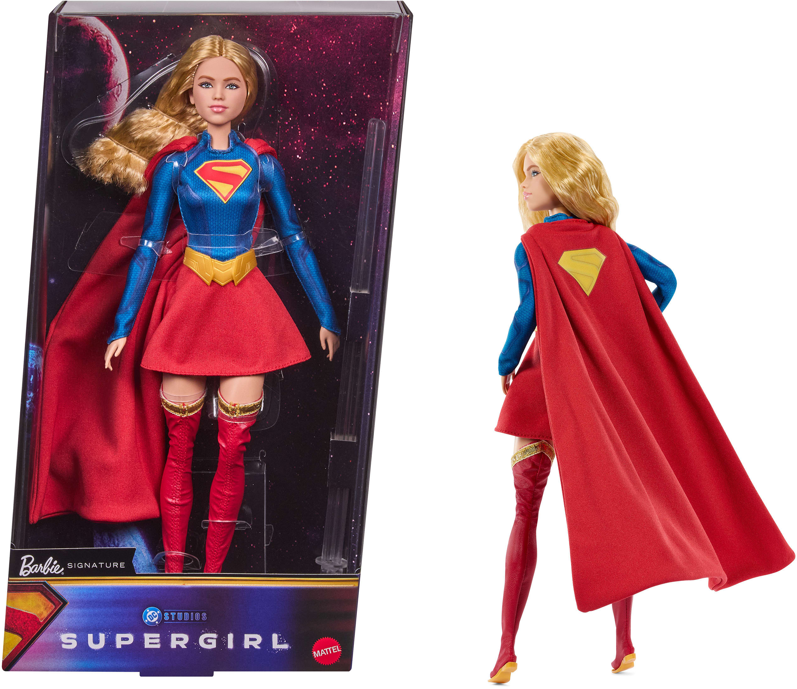 Păpușă Barbie Signature DC - Supergirl, cu costum de supererou și pelerină, 29 cm