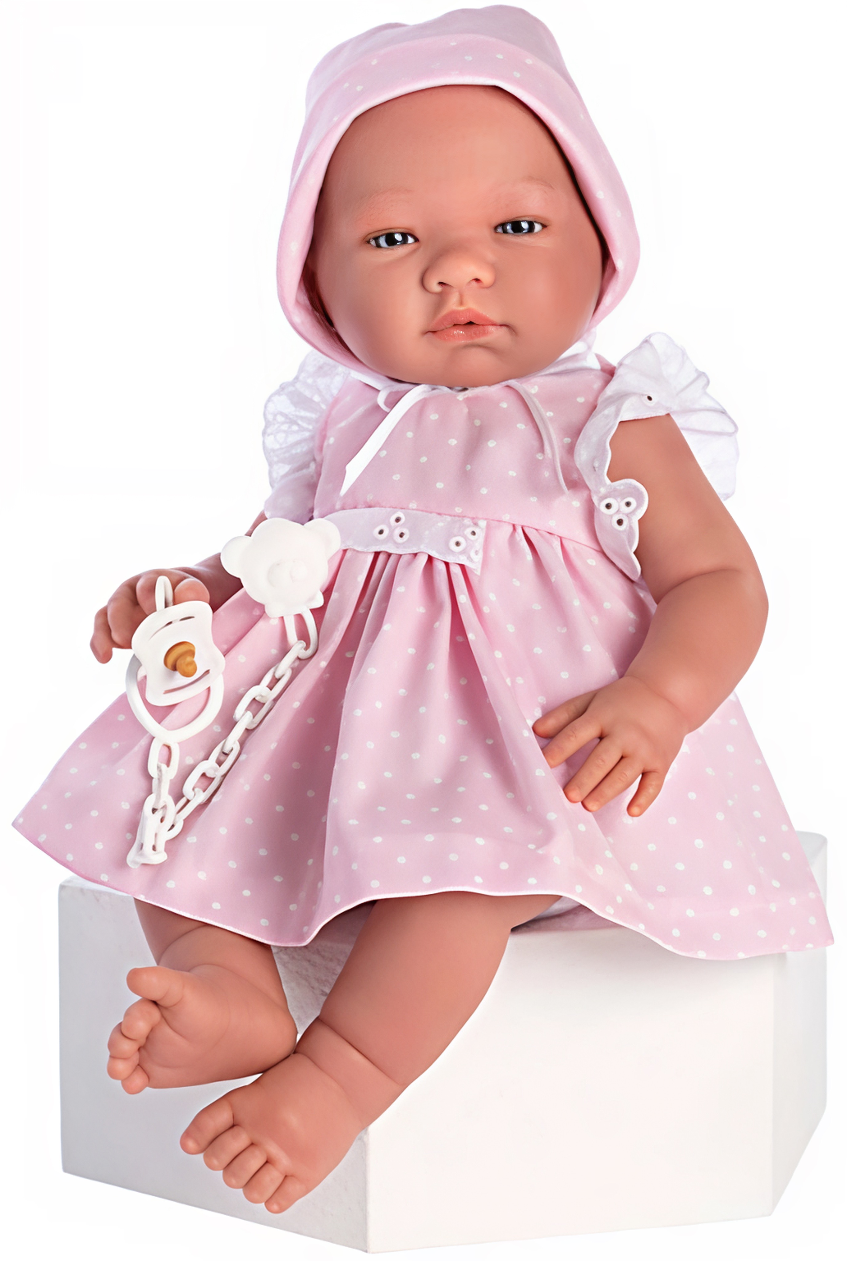 Păpuşă -bebe - Maria, într-o rochie roz cu buline, 43 cm