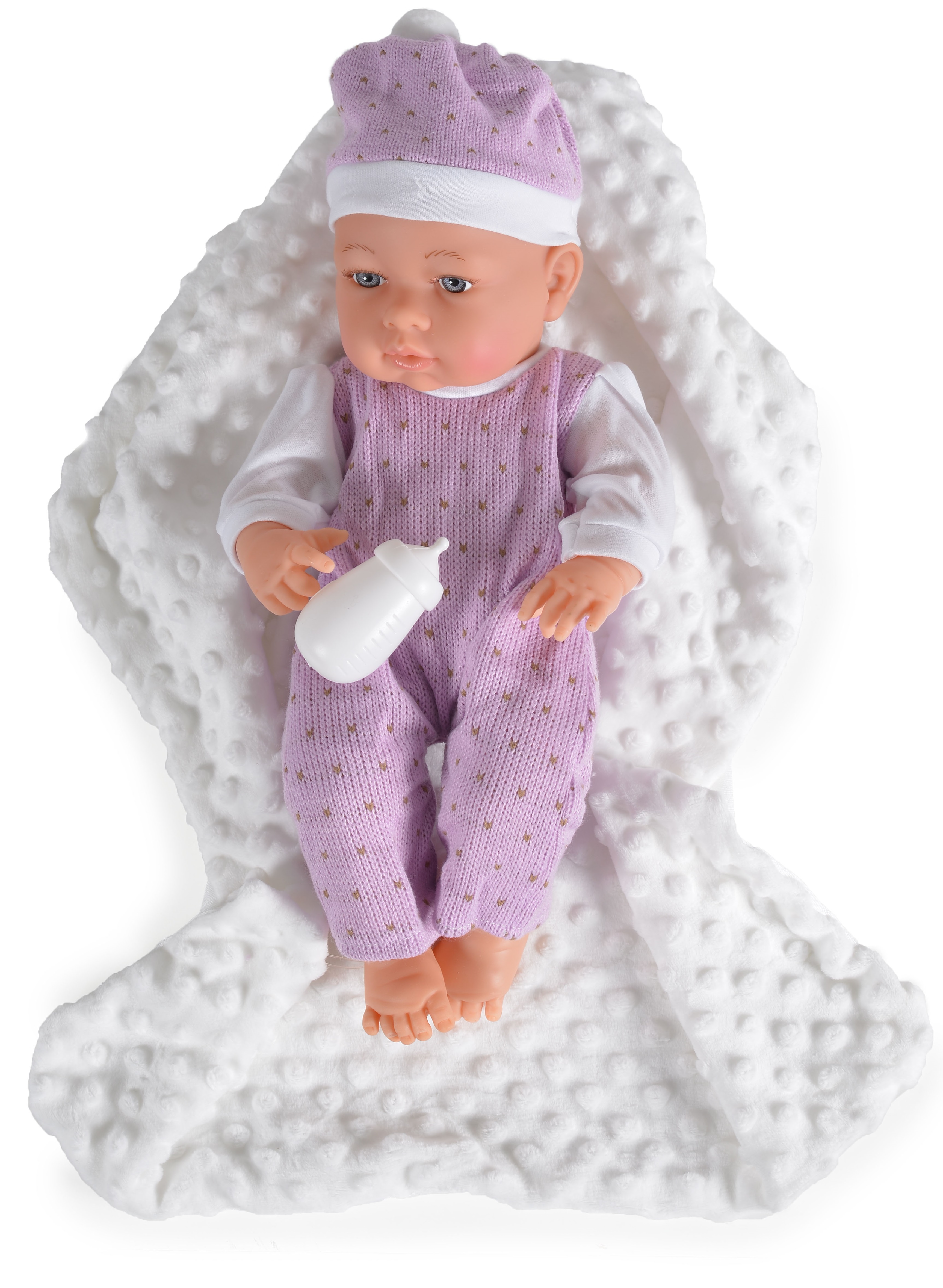 Papusa bebe Moni - Cu body mov si paturica alba, 41 cm