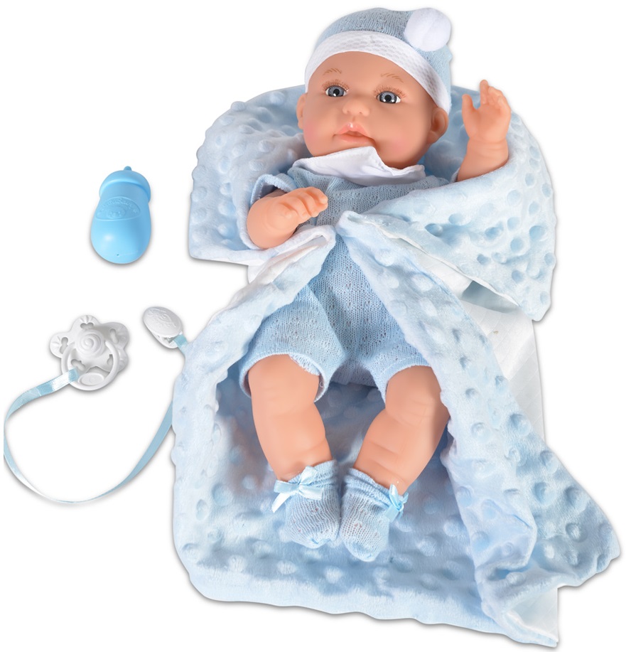 Papusa bebe Moni - Cu paturica albastra si accesorii, 36 cm