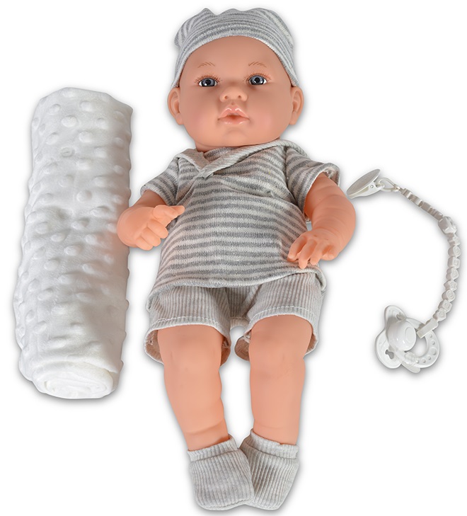 Papusa bebe Moni - Cu hainute gri in dungi si paturica, 41 cm