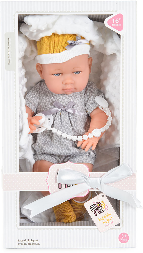 Papusa bebe Moni - Cu hainute albastre si paturica albastra, 41 cm