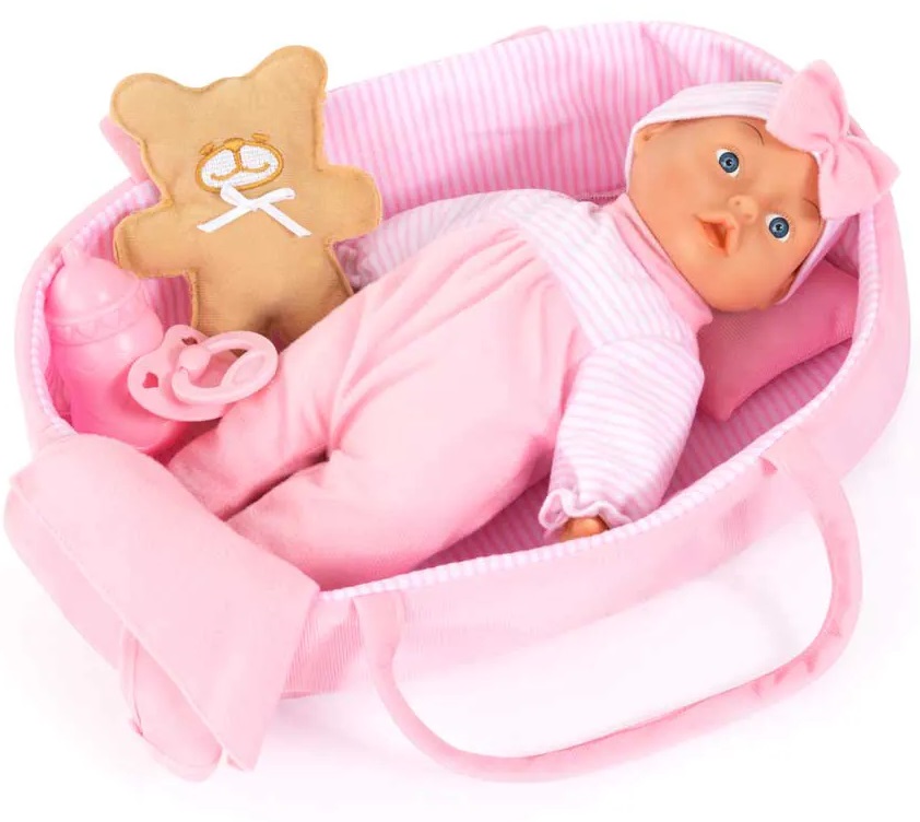 Păpușă - bebe cu corp moale Bayer - Cu port baby, 28 cm