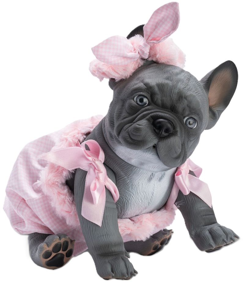 Păpuşă câine Asi Dolls Animal Reborn - Lily, Bulldog Francez, cu salopetă în carouri, 32 cm