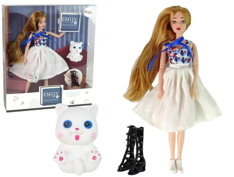 Păpuşă Lean Toys - Emily, cu fustă albă și pisicuță albă, 30 cm