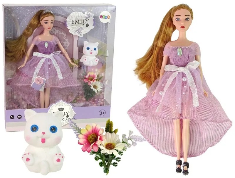 Păpuşă Lean Toys - Emily, cu rochie lungă roz și pisicuță, 30 cm