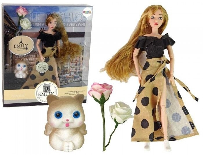 Păpuşă Lean Toys - Emily, cu ținută cu buline și pisicuță, 30 cm