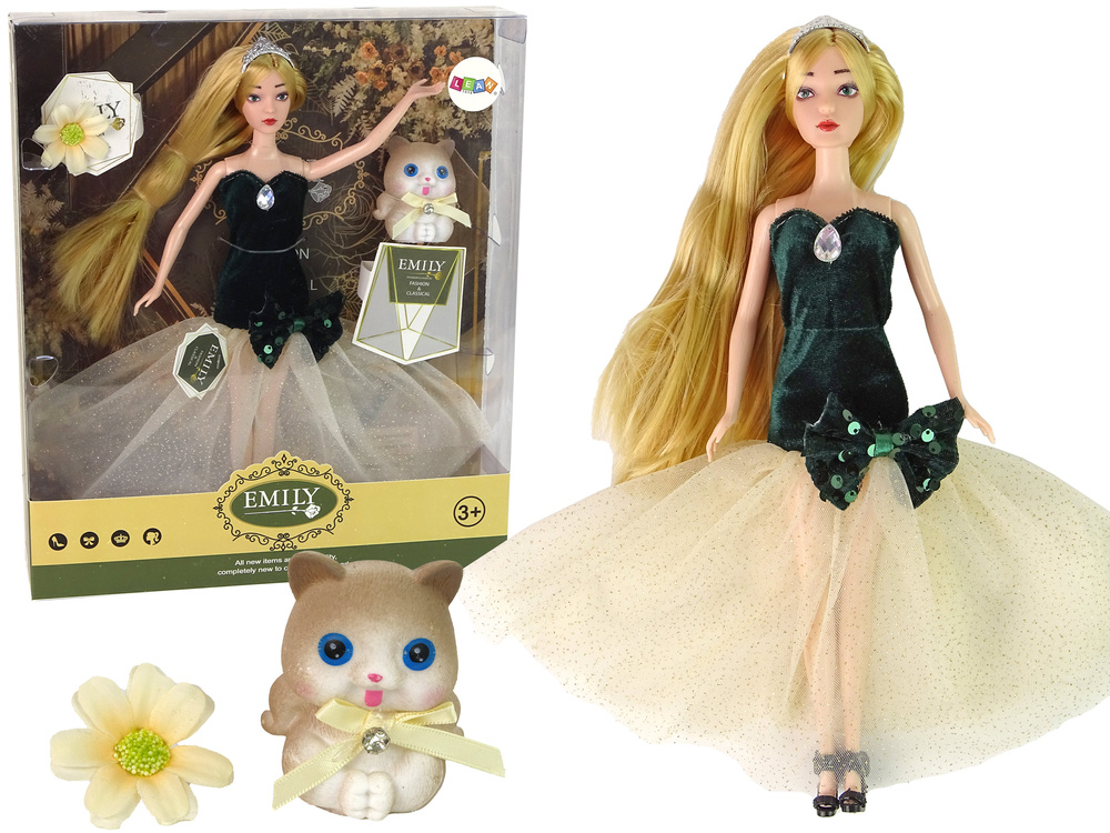 Păpuşă Lean Toys - Emily, cu rochie verde cu tul bej și pisicuță, 30 cm
