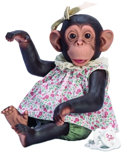 Păpuşă maimuţă Asi Dolls Animal Reborn - Lola, cu rochie florală și panglică de satin, 32 cm