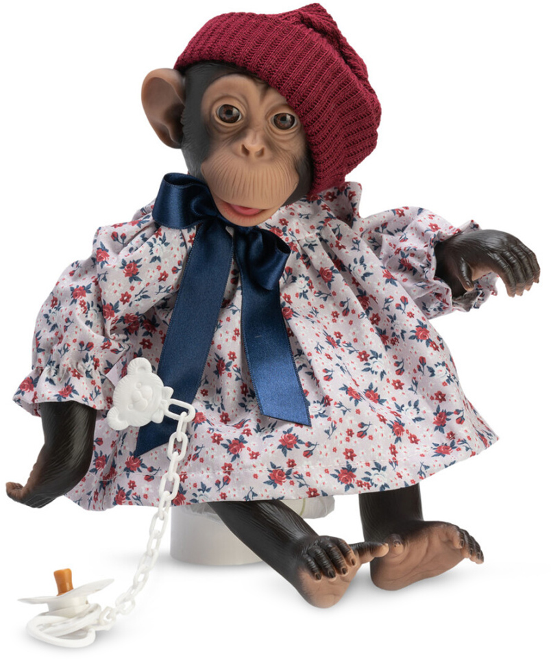 Păpuşă maimuţă Asi Dolls Animal Reborn -Lola, purtând o rochie florală și o pălărie, 32 cm