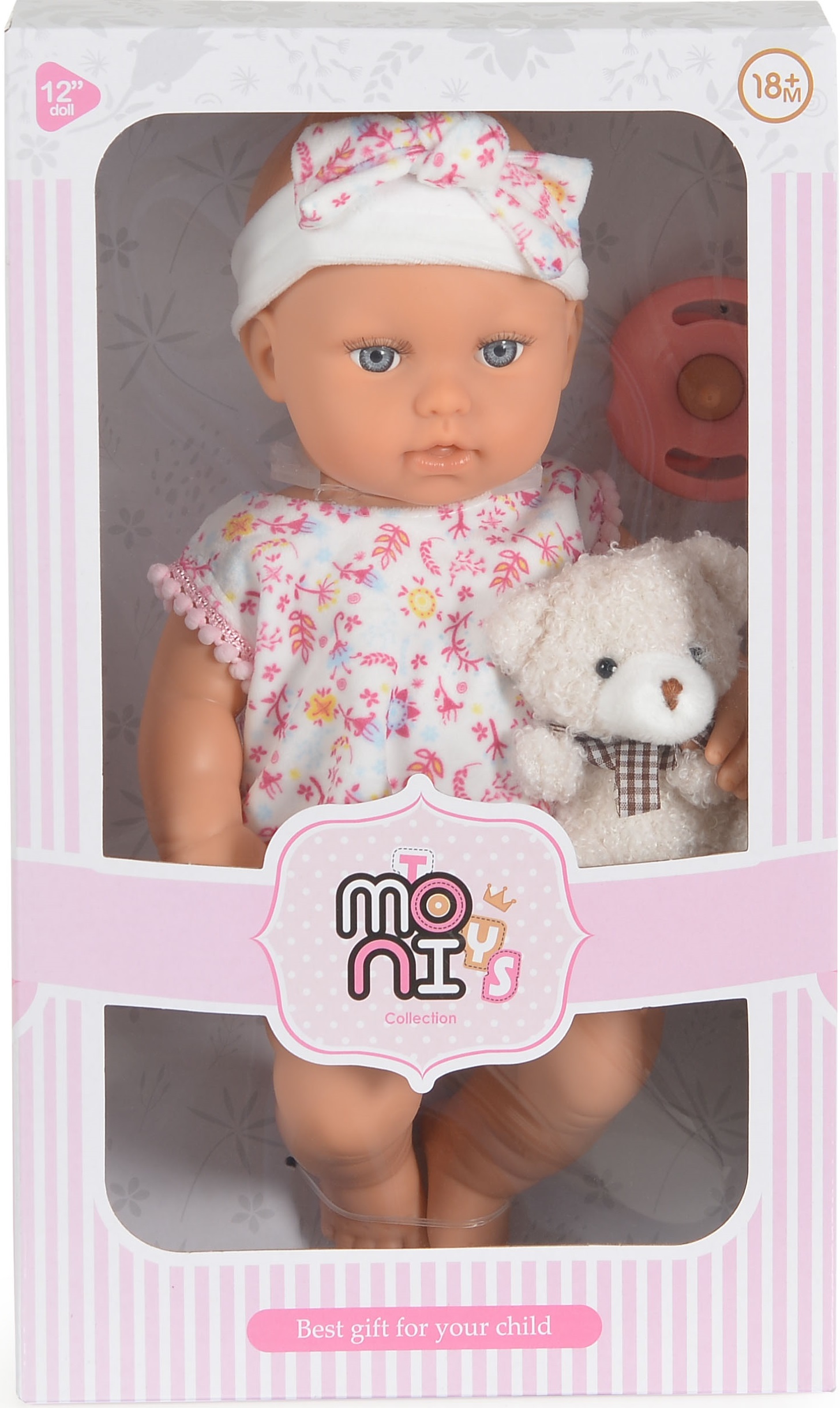 Păpuşă  Moni Toys - Lovely Baby, cu haine si accesorii florale, 30 cm