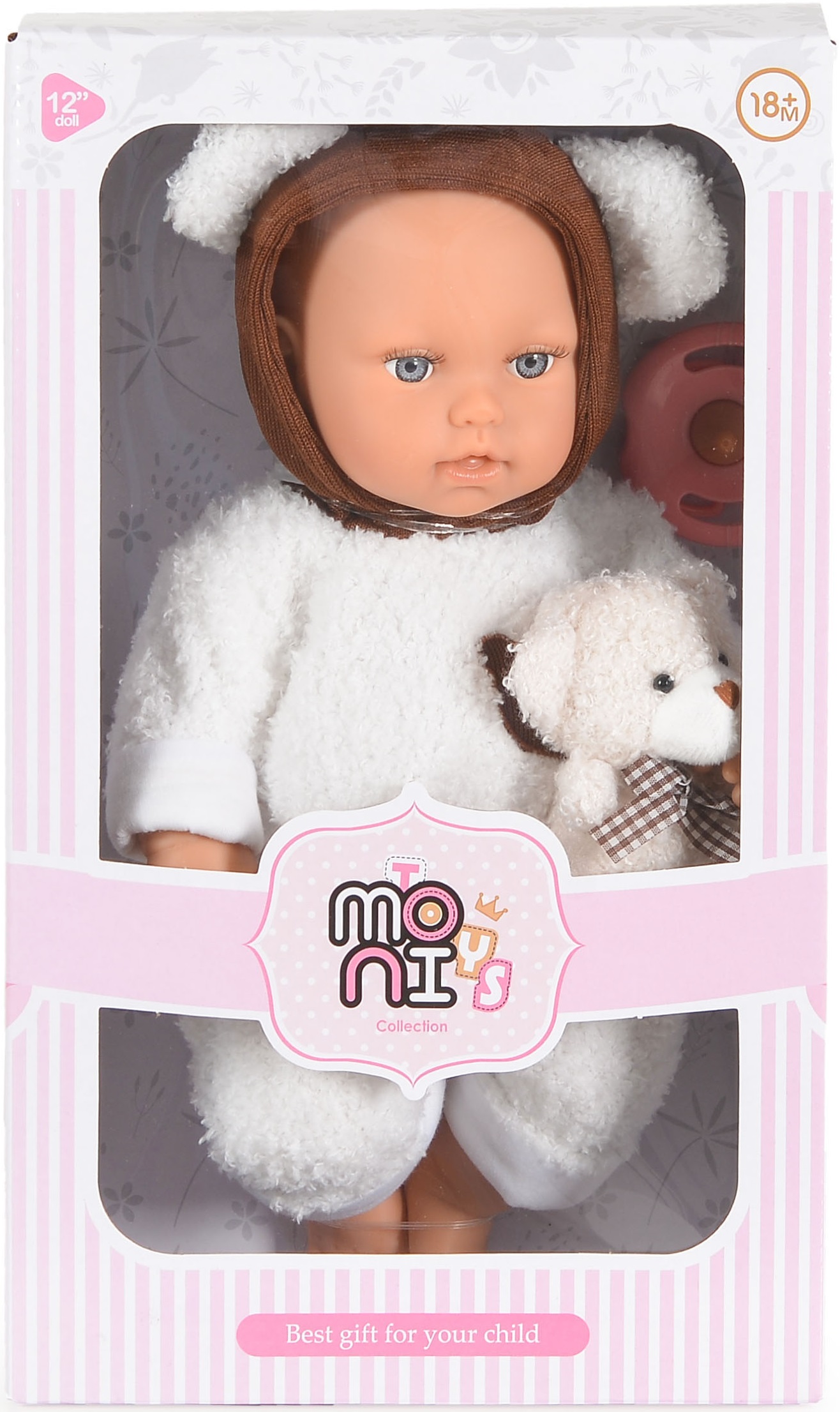 Păpuşă  Moni Toys - Lovely Baby,cu costum de ursuleț și accesorii, 30 cm