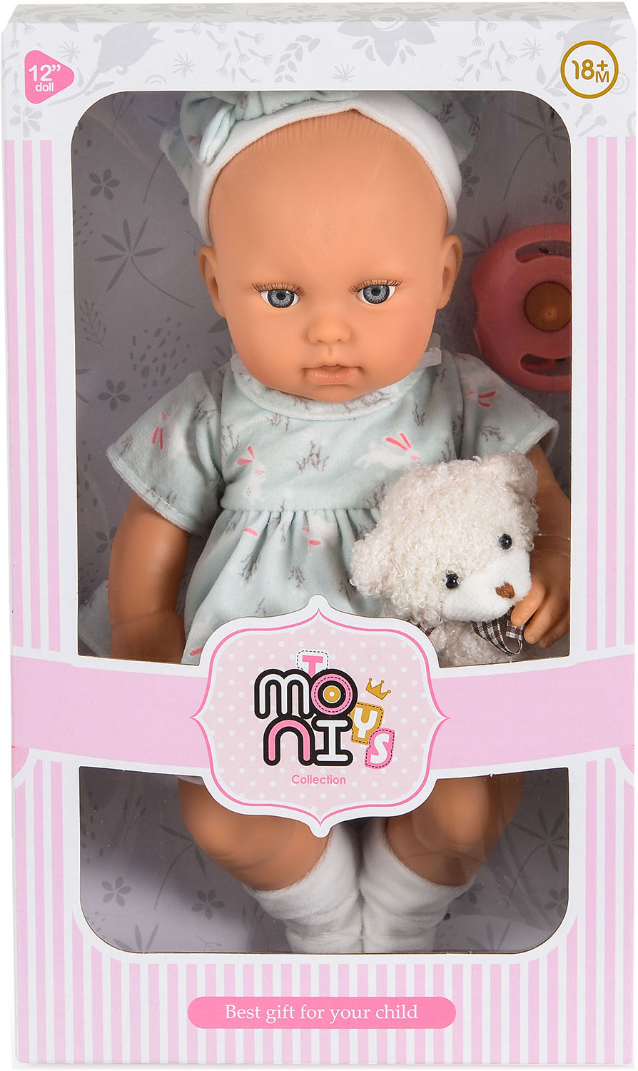 Păpuşă bebeluş  Moni Toys - Lovely Baby, cu o rochie și un ursuleț de pluș, 30 cm