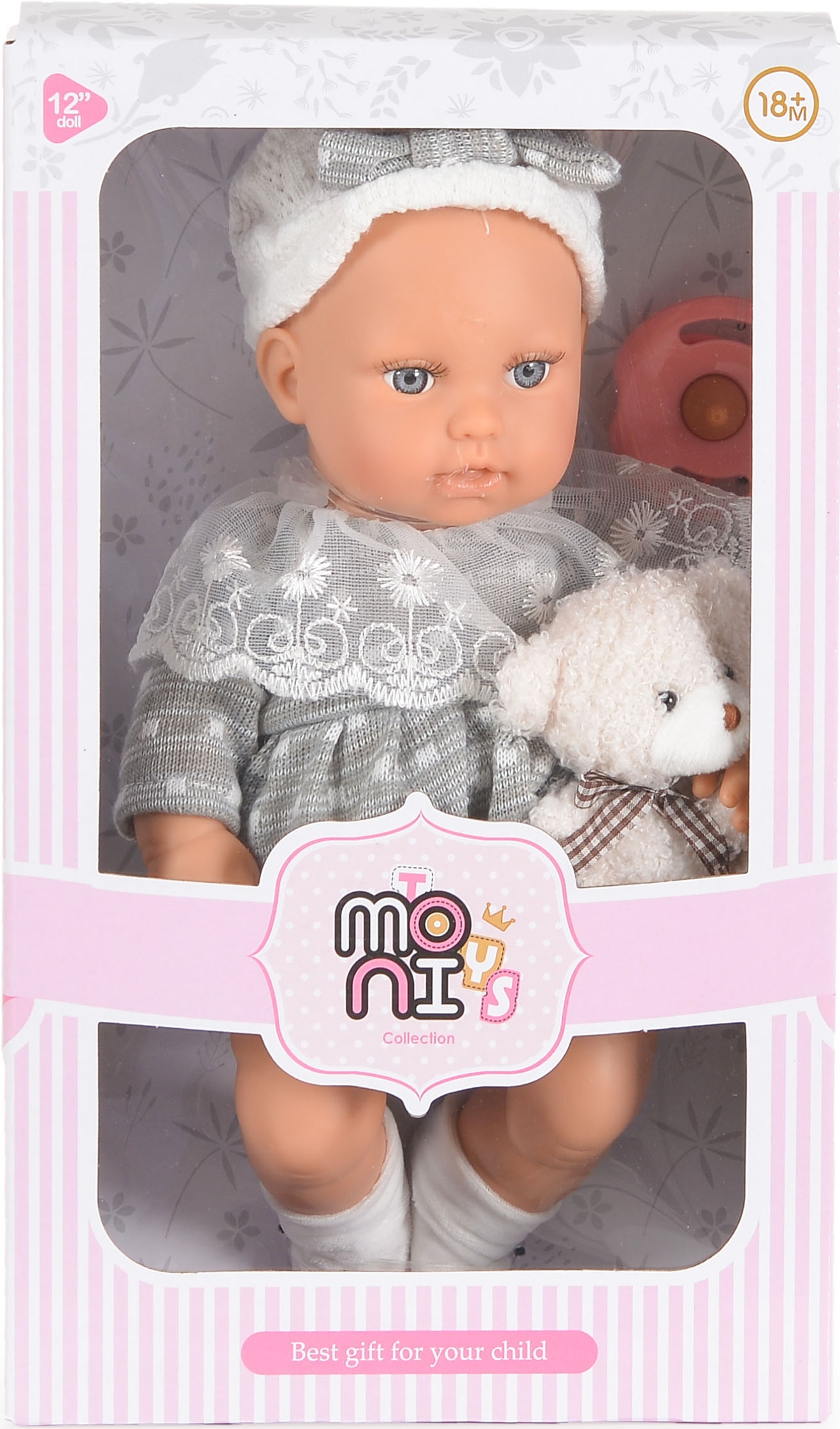 Păpuşă  Moni Toys - Lovely Baby, cu rochie gri si accesorii, 30 cm