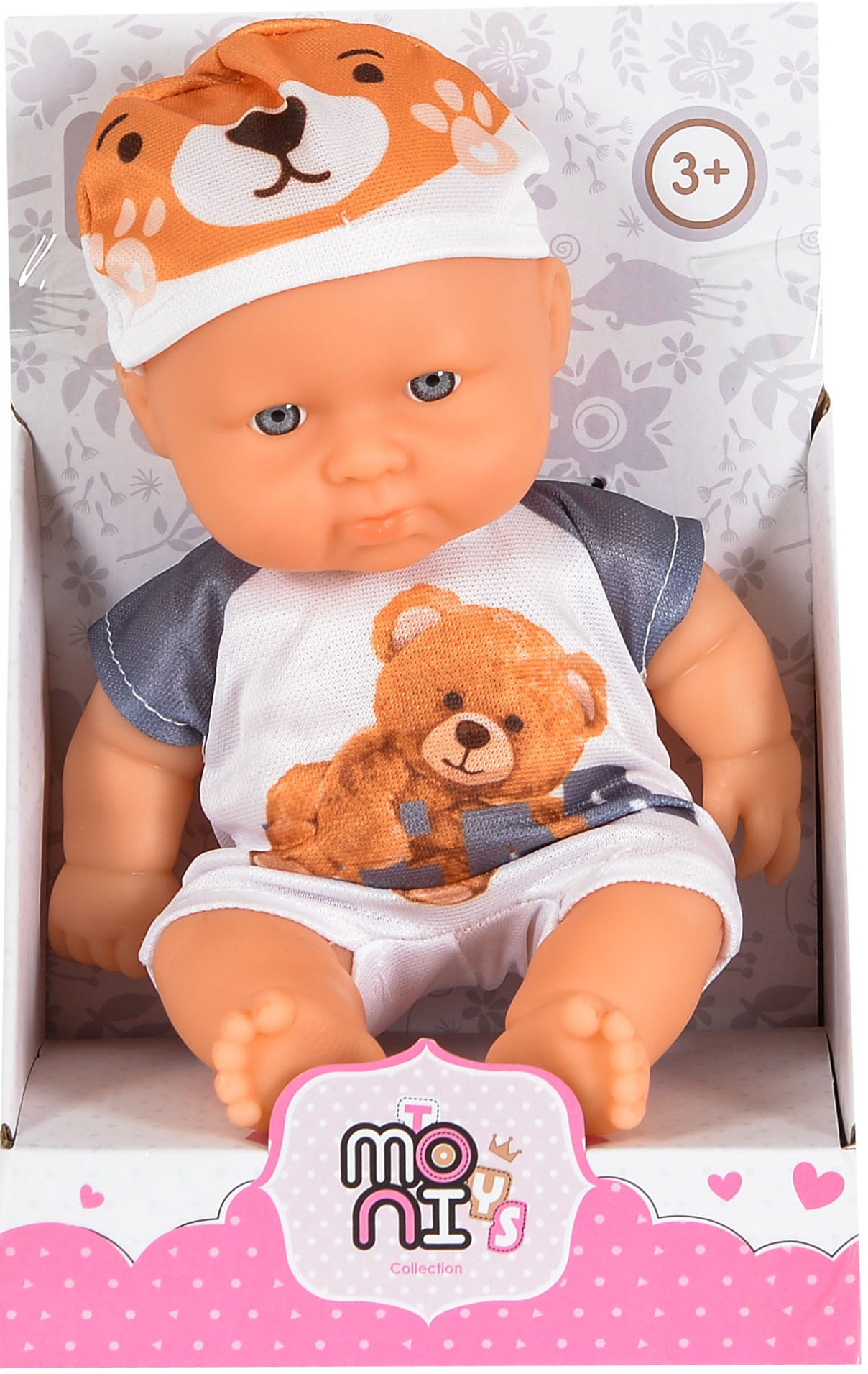 Păpuşă Moni Toys - În haine de ursuleț, 20 cm