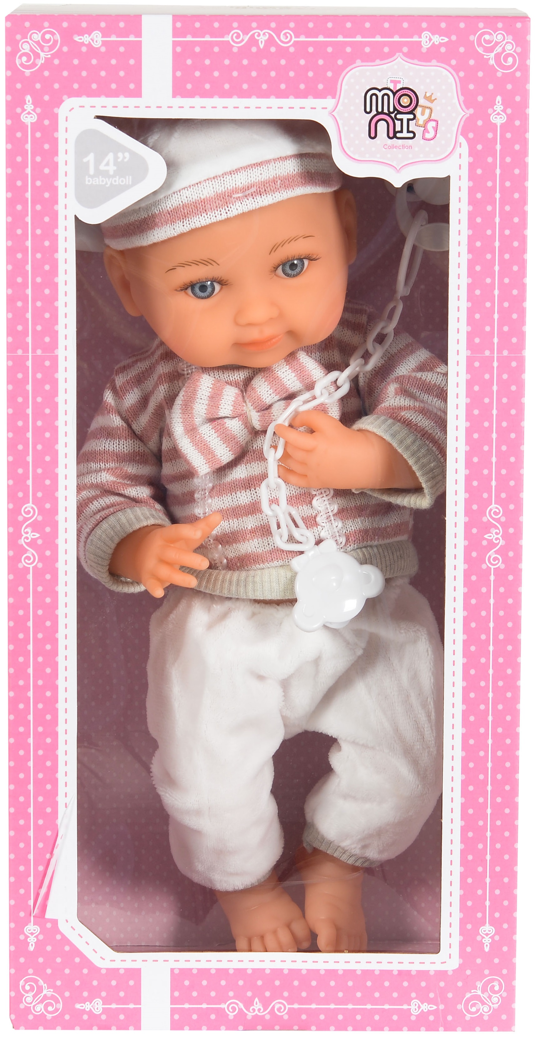 Păpuşă  Moni Toys - Cu bluză cu dungi, suzetă și biberon, 36 cm