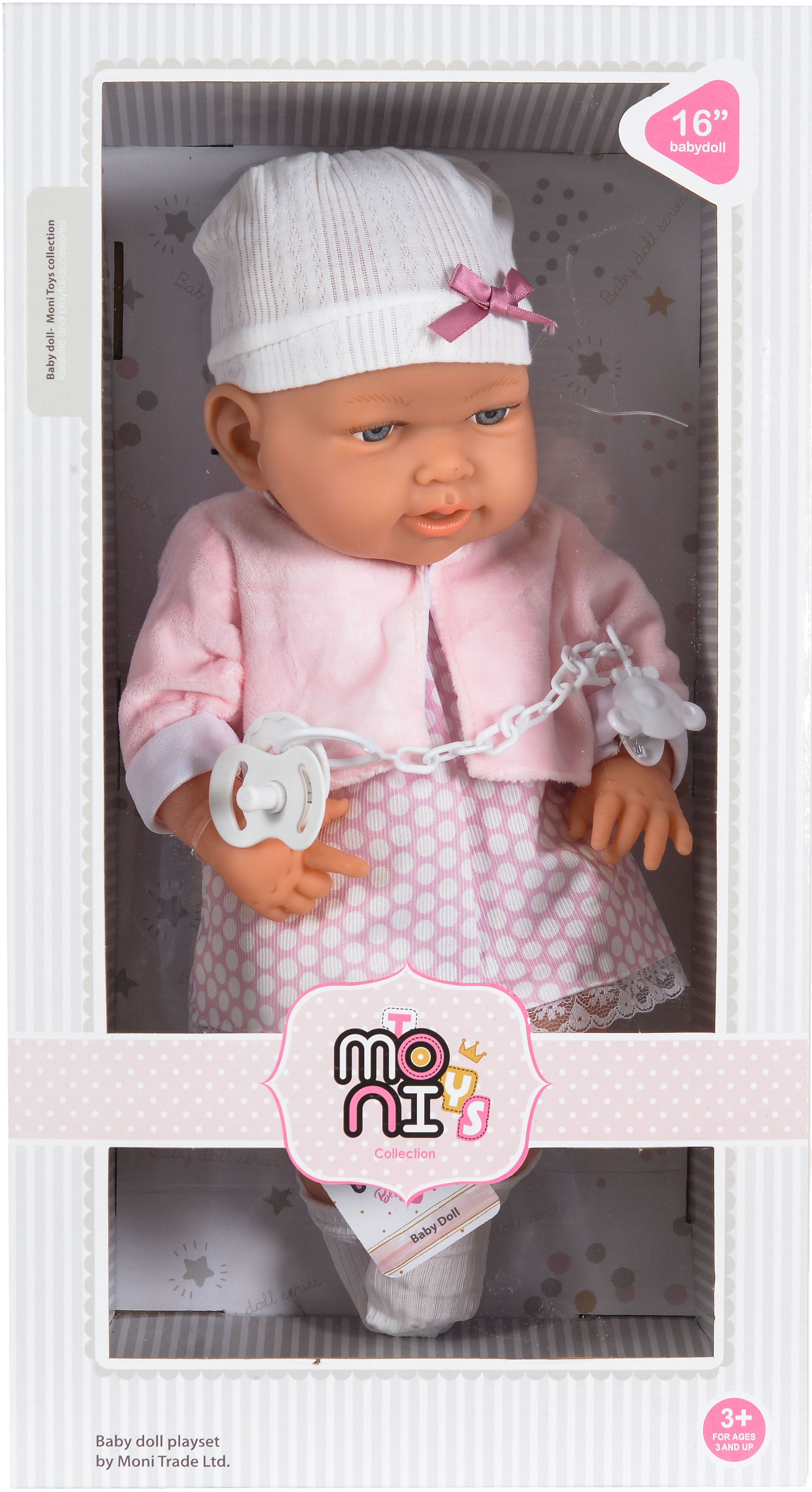 Păpuşă  Moni Toys - Cu rochie roz si suzeta, 41 cm