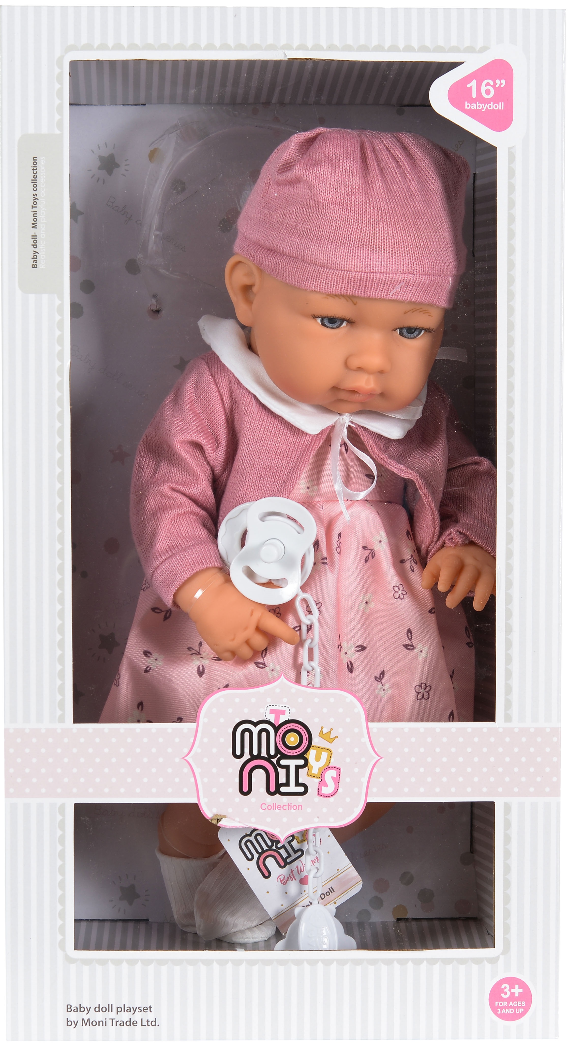 Păpuşă  Moni Toys - Cu haine roz si suzeta, 41 cm