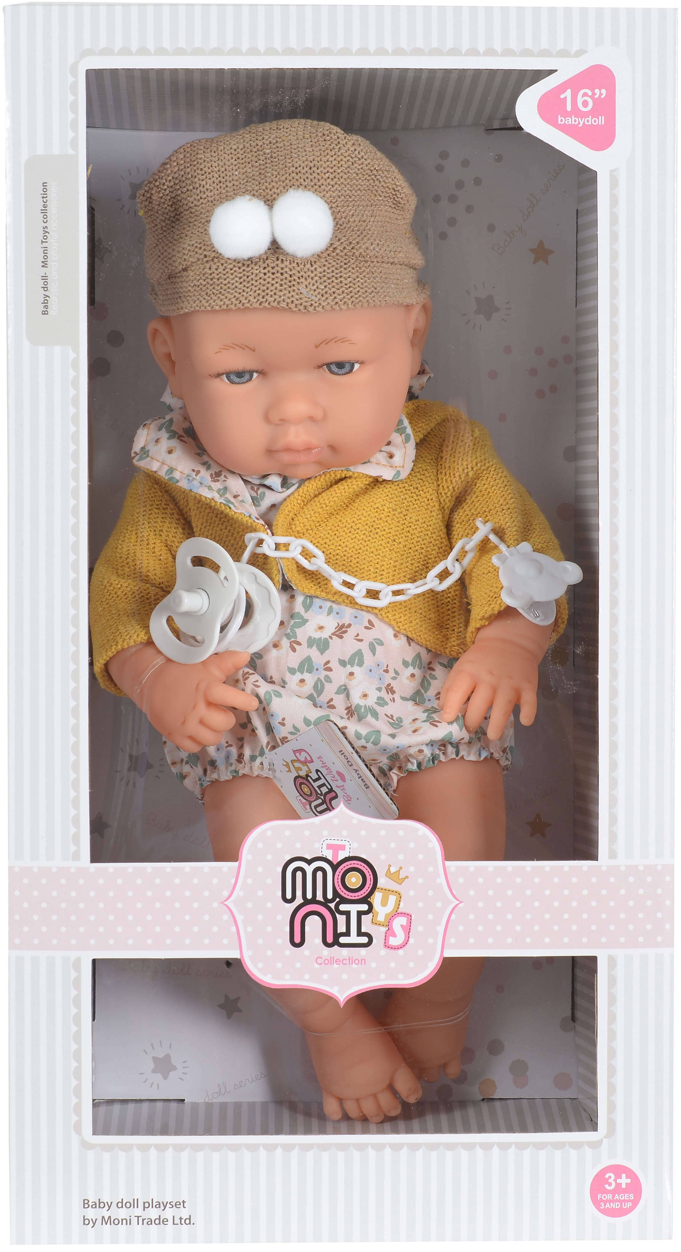 Păpuşă  Moni Toys - Cu vesta galbena si suzeta, 41 cm