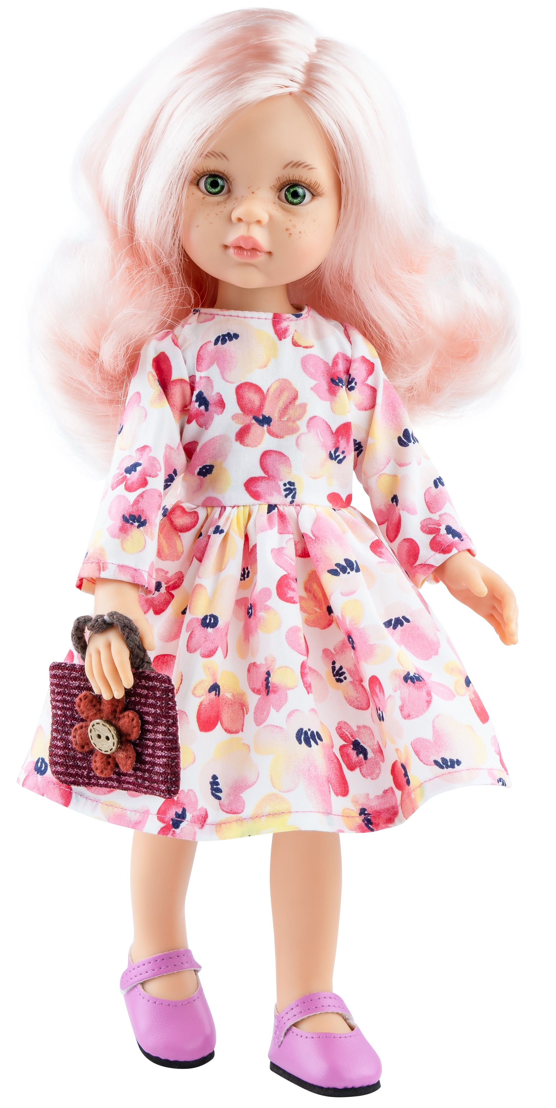 Papusa Paola Reina Amigas - Rosa, cu par roz, rochie florala si geanta, 32 cm
