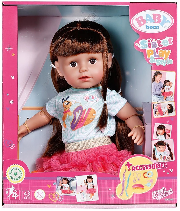 Păpușă Zapf Creation - Baby Born, cu păr castaniu și accesorii, 43