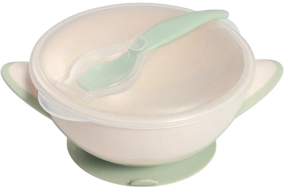 Bol cu capac și linguriță Babyono - Verde, 300 ml