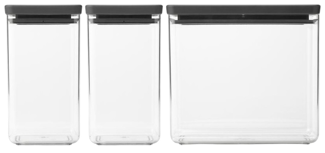 Cutii pentru depozitarea produselor Brabantia - Tasty+ Stackable, 2 x 1.6 l și 1 x 3.5 l, Dark Grey, 3 buc