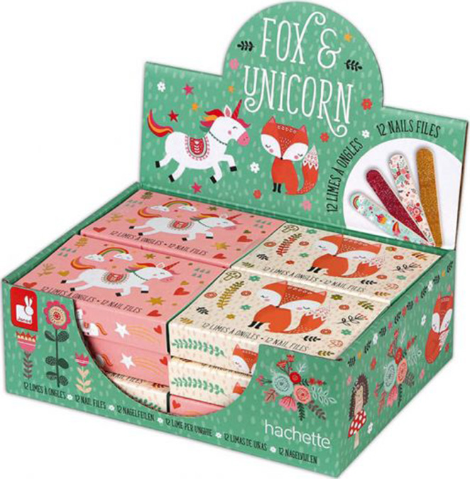 Cutie cu 12 mini pile de unghii Janod - Vulpe și unicorn, sortiment