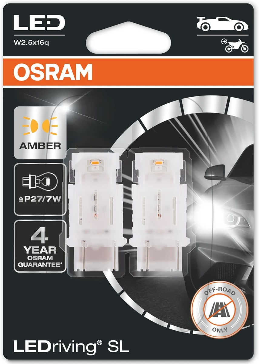 Becuri auto LED Osram - LEDriving, SL, Amber, P27/7W, 1.3W, 2 bucăți,…