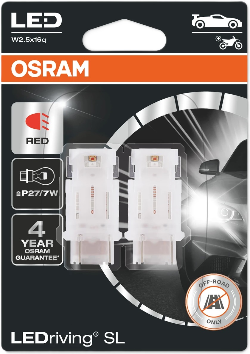 Becuri auto LED Osram - LEDriving, SL, Red, P27/7W, 1.7W, 2 bucăți, roșii