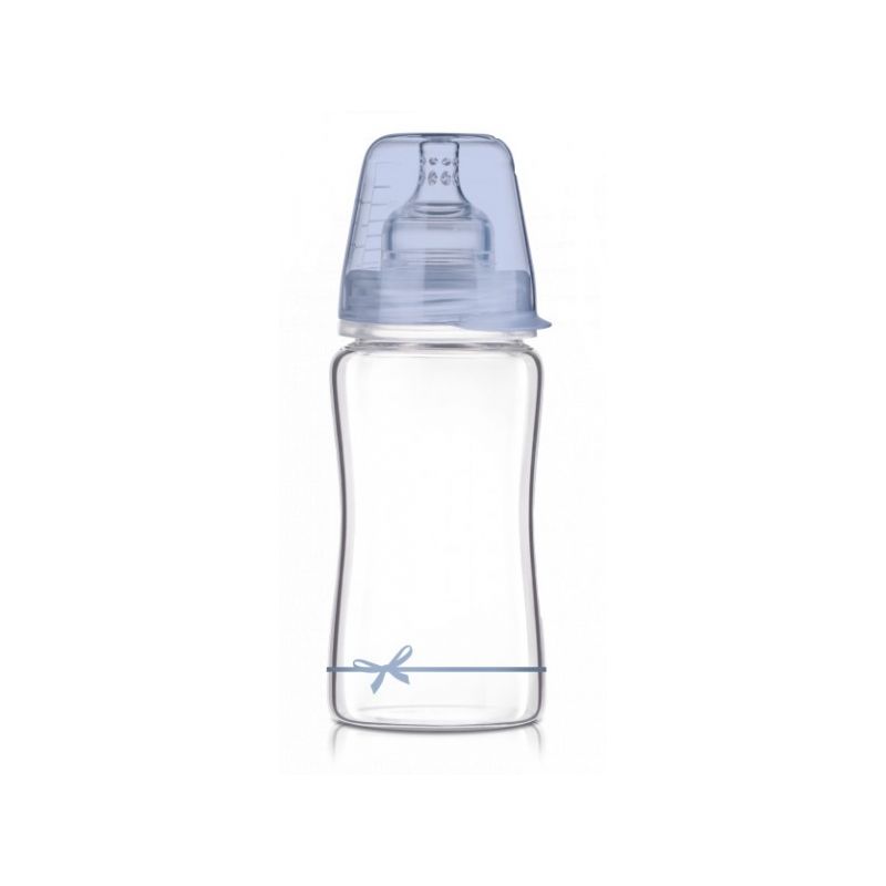 Biberon Lovi - Baby Shower, din sticla, 250 ml, 3 luni+, albastru