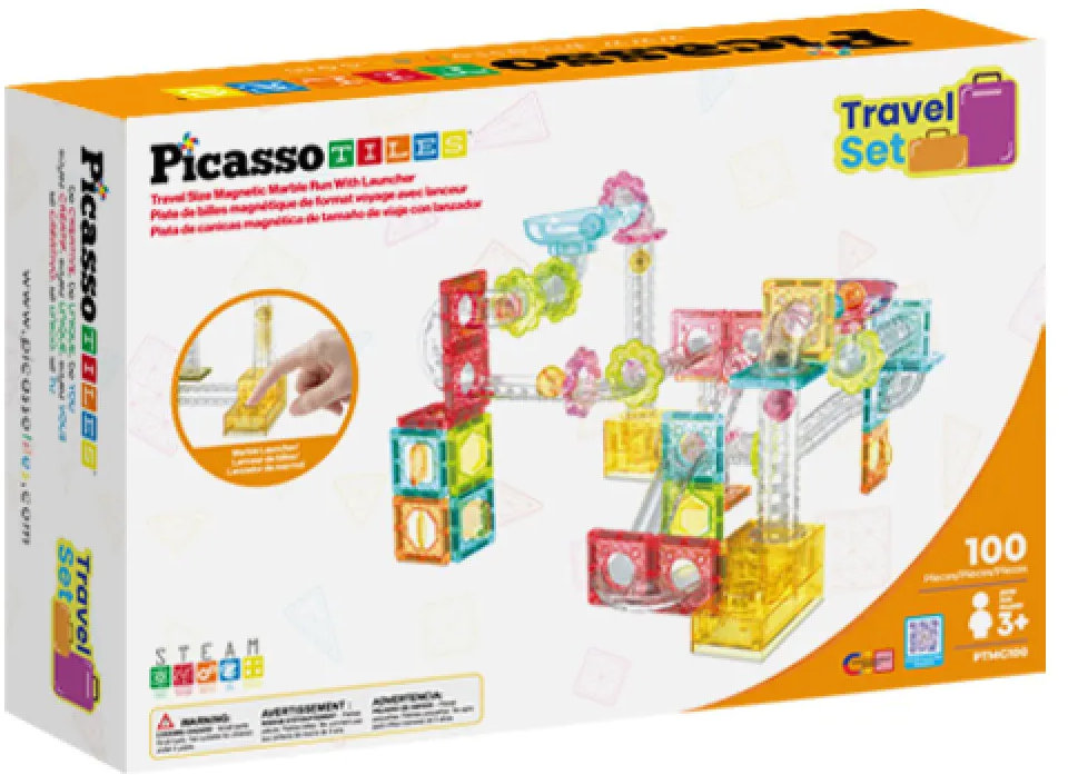 Constructor magnetic Picasso Tiles STEM - Pistă pentru bile Travel, 100 piese
