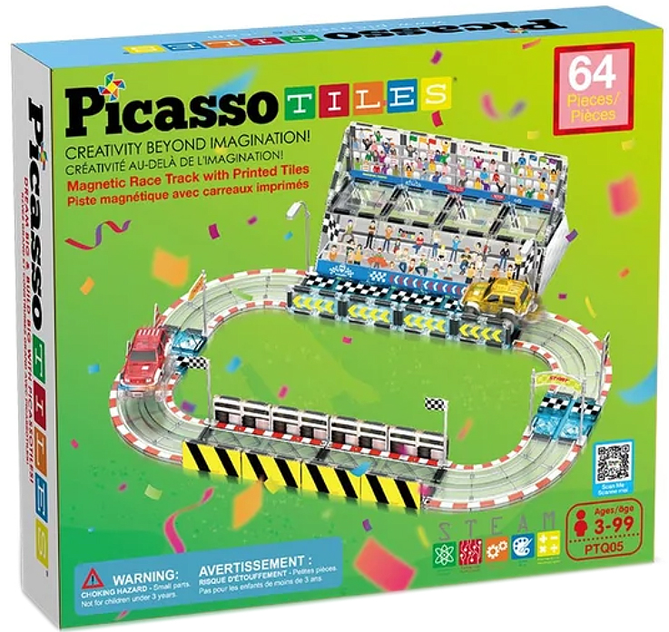 Constructor magnetic Picasso Tiles STEM - Stadion cu 2 mașini, 64 piese