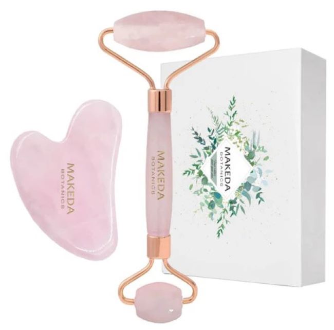 Makeda Botanics Set - Rolă dublă de masaj și Gua Sha, cuarț roz